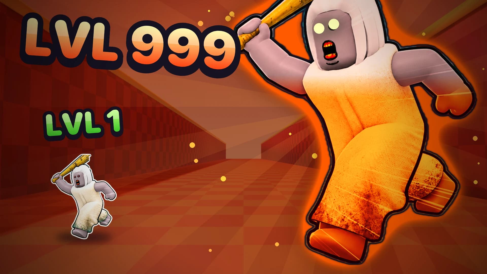 Visuel « Lvl 1 vs Lvl 999 » avec la grand-mère géante
