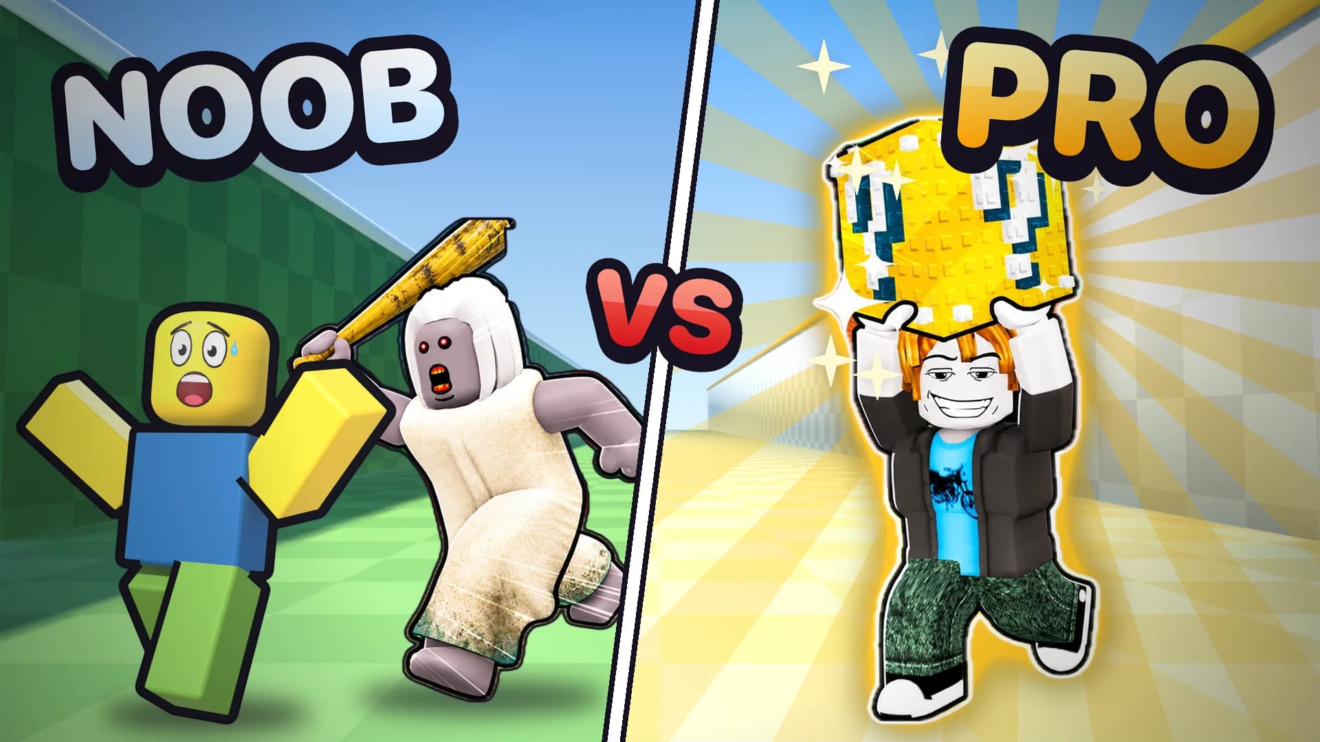 Visuel « Noob vs Pro » : un noob poursuivi par la grand-mère, un pro porte un Lucky Block doré