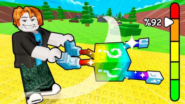 Un joueur Roblox tire un Lucky Block arc-en-ciel avec une jauge de puissance